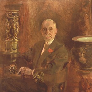 Retrato oficial de Manuel Teixeira Gomes, da autoria de Columbano Bordalo Pinheiro. O Presidente encontra-se sentado na Cadeira dos Leões, peça que hoje se encontra no gabinete oficial do Chefe do Estado.