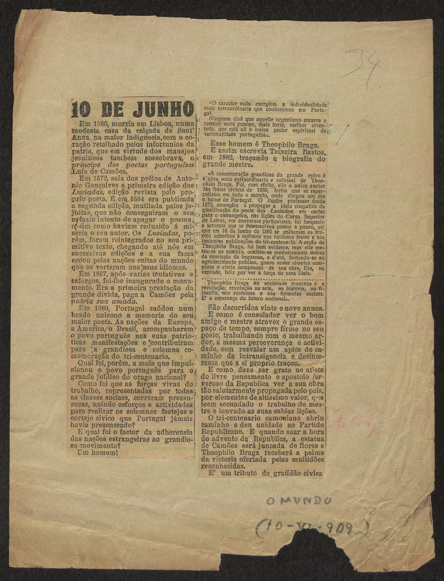 Artigo no jornal «O Mundo» sobre o significado do dia 10 de junho.