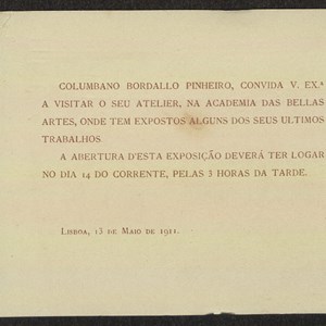Convite de Columbano Bordalo Pinheiro enviado a Teófilo Braga para visitar uma exposição com trabalhos seus.