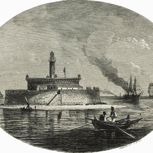 Gravura da torre do Bugio. Disponível em https://lisboa-e-o-tejo.blogspot.com/2019/05/um-pequeno-quadro-no-museu-de-lisboa.html