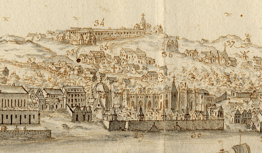 Belém e Ajuda, na «Vista e perspectiva da Barra, Costa e Cidade de Lisboa»: no cimo da colina da Ajuda, a Real Barraca (n.º 34).
