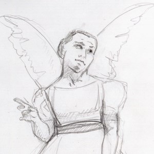 «Anjo I», estudo a carvão para o «Ciclo da Vida da Virgem Maria», da autoria de Paula Rego.