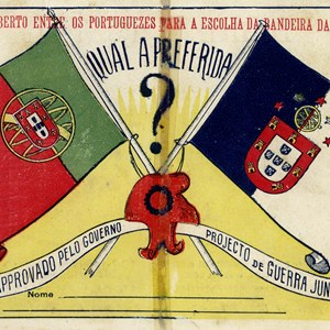Postal alusivo à polémica em torno da escolha da nova Bandeira Nacional.